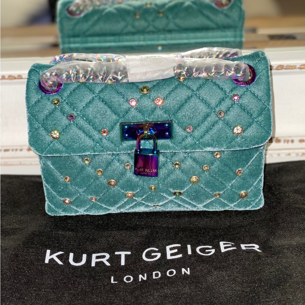 Kurt Geiger London Teal Velvet Multicolor Stone Mini Crossbody Bag